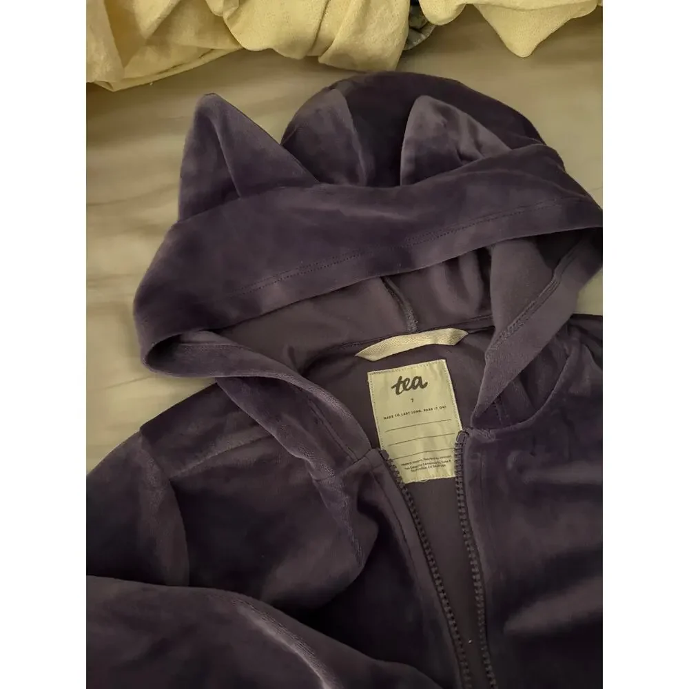 Tea collection purple velour zip hoodie and pants outfit size 7